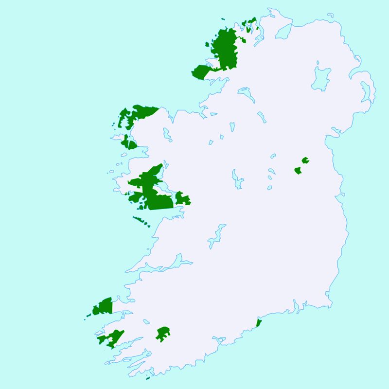 Em verde as areas onde o idioma irlands  falado de forma majoritria na Ilha da Irlanda. Estas reas so conhecidas como Gaeltacht ou irlandofonia. Imagem: Angr